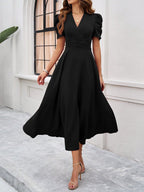 Women's Textured Puff Sleeve Midi Dress - Ruched A-Line Cinched Waist