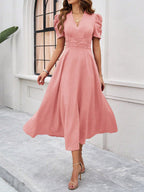 Women's Textured Puff Sleeve Midi Dress - Ruched A-Line Cinched Waist