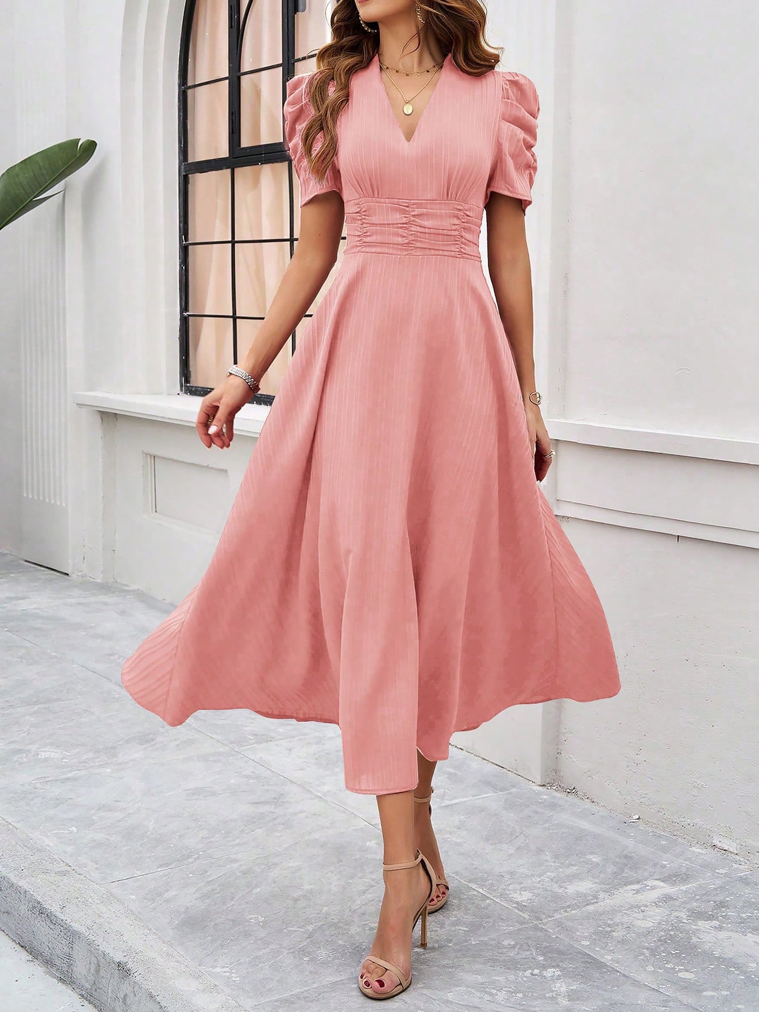 Women's Textured Puff Sleeve Midi Dress - Ruched A-Line Cinched Waist