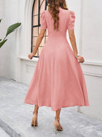 Women's Textured Puff Sleeve Midi Dress - Ruched A-Line Cinched Waist