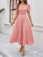 Women's Textured Puff Sleeve Midi Dress - Ruched A-Line Cinched Waist