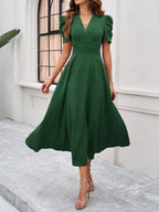Women's Textured Puff Sleeve Midi Dress - Ruched A-Line Cinched Waist
