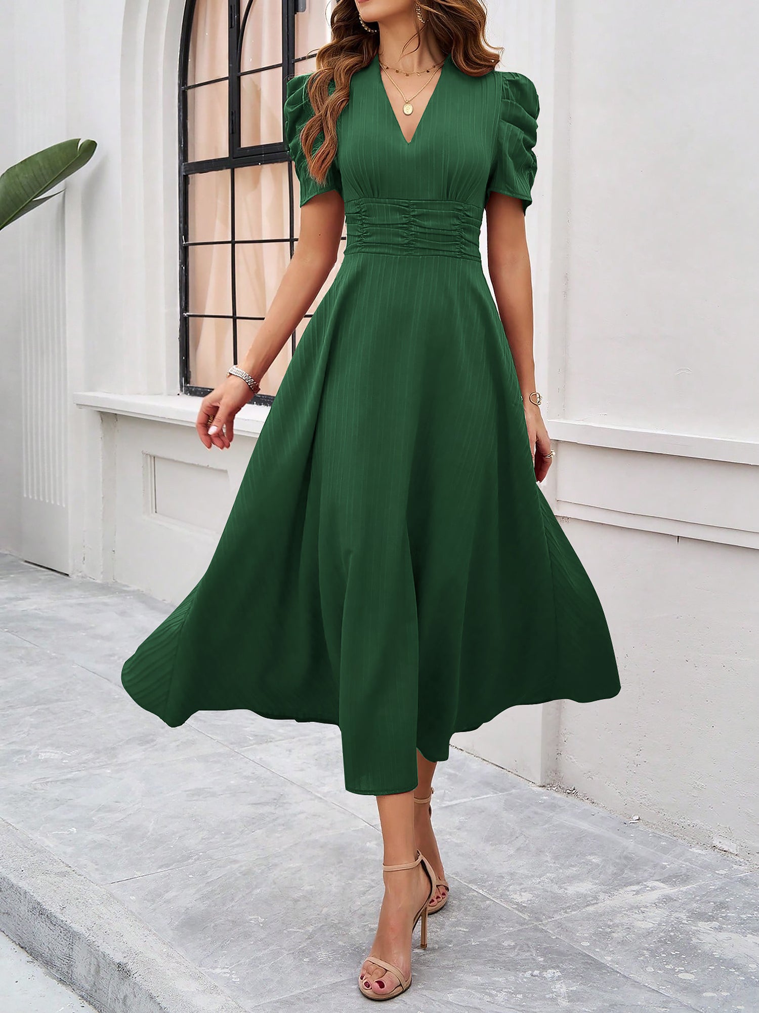 Women's Textured Puff Sleeve Midi Dress - Ruched A-Line Cinched Waist