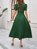 Women's Textured Puff Sleeve Midi Dress - Ruched A-Line Cinched Waist