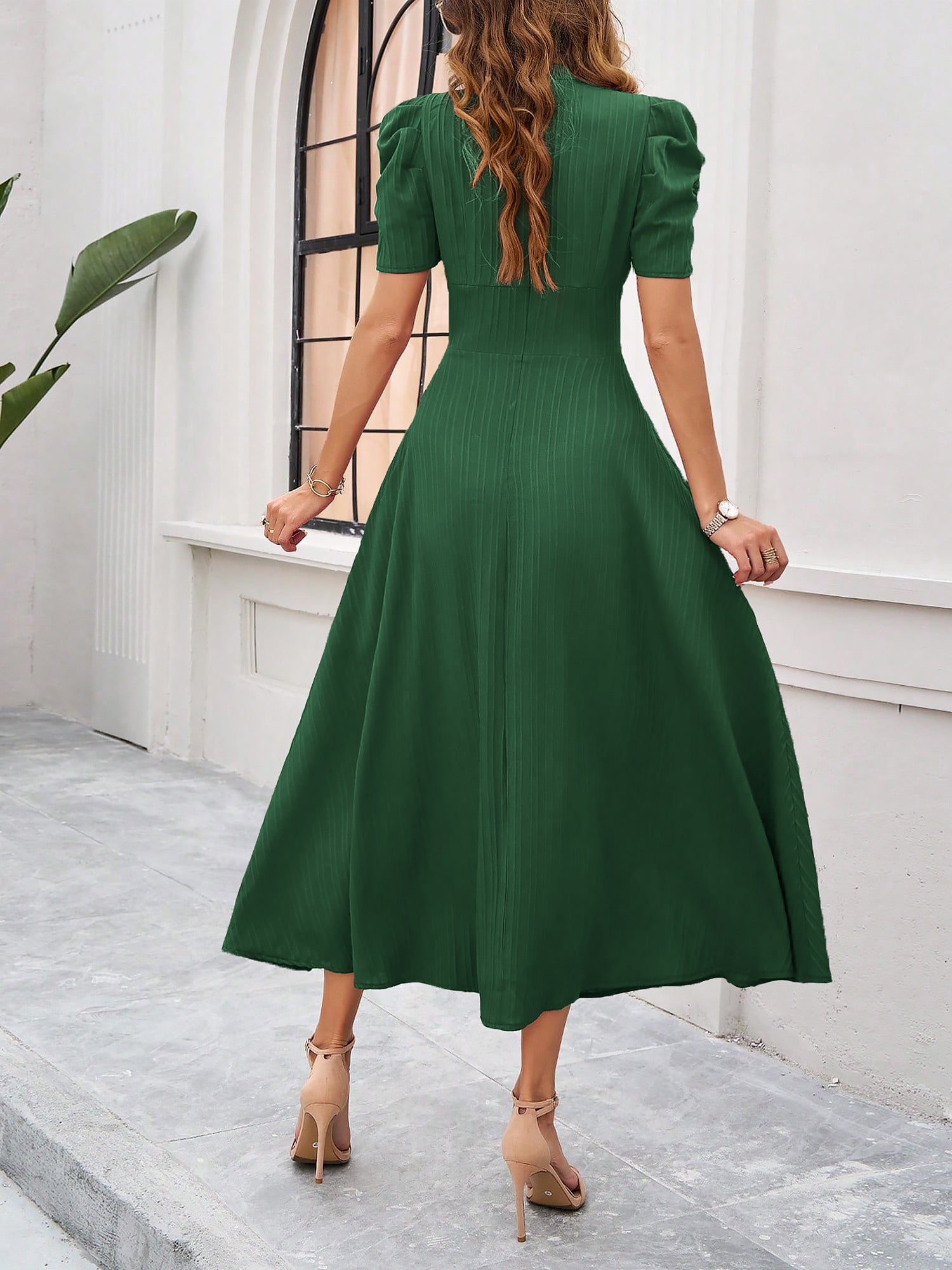 Women's Textured Puff Sleeve Midi Dress - Ruched A-Line Cinched Waist