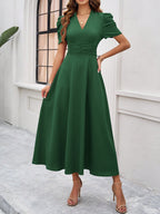 Women's Textured Puff Sleeve Midi Dress - Ruched A-Line Cinched Waist