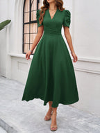 Women's Textured Puff Sleeve Midi Dress - Ruched A-Line Cinched Waist