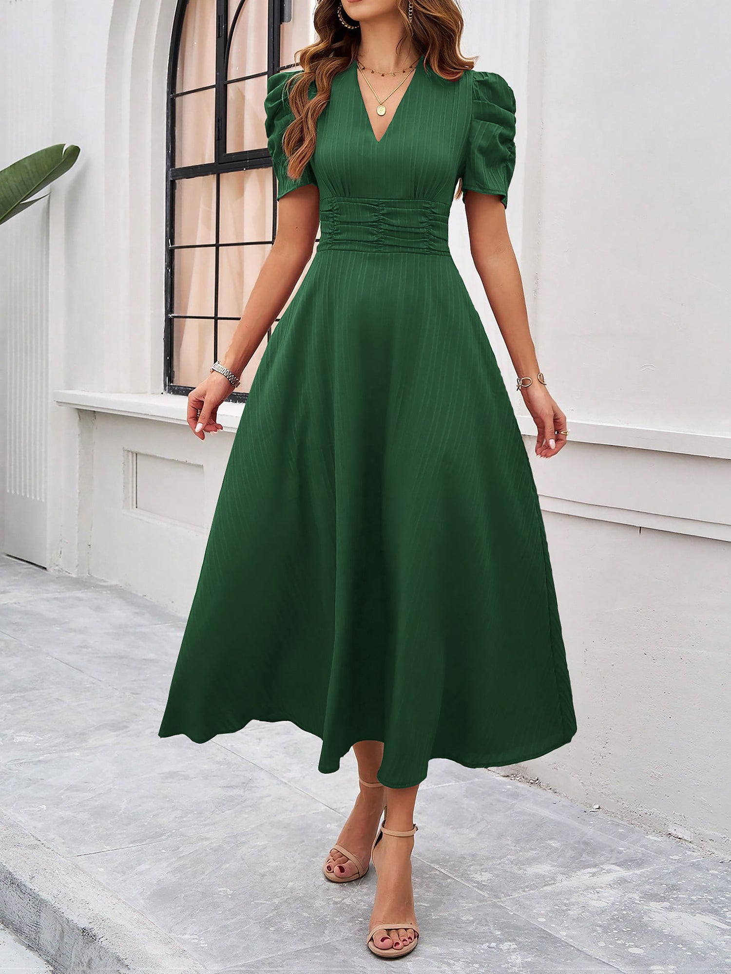 Women's Textured Puff Sleeve Midi Dress - Ruched A-Line Cinched Waist