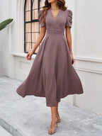 Women's Textured Puff Sleeve Midi Dress - Ruched A-Line Cinched Waist
