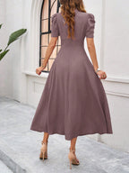 Women's Textured Puff Sleeve Midi Dress - Ruched A-Line Cinched Waist