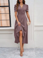 Women's Textured Puff Sleeve Midi Dress - Ruched A-Line Cinched Waist
