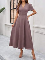 Women's Textured Puff Sleeve Midi Dress - Ruched A-Line Cinched Waist