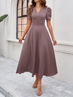 Women's Textured Puff Sleeve Midi Dress - Ruched A-Line Cinched Waist