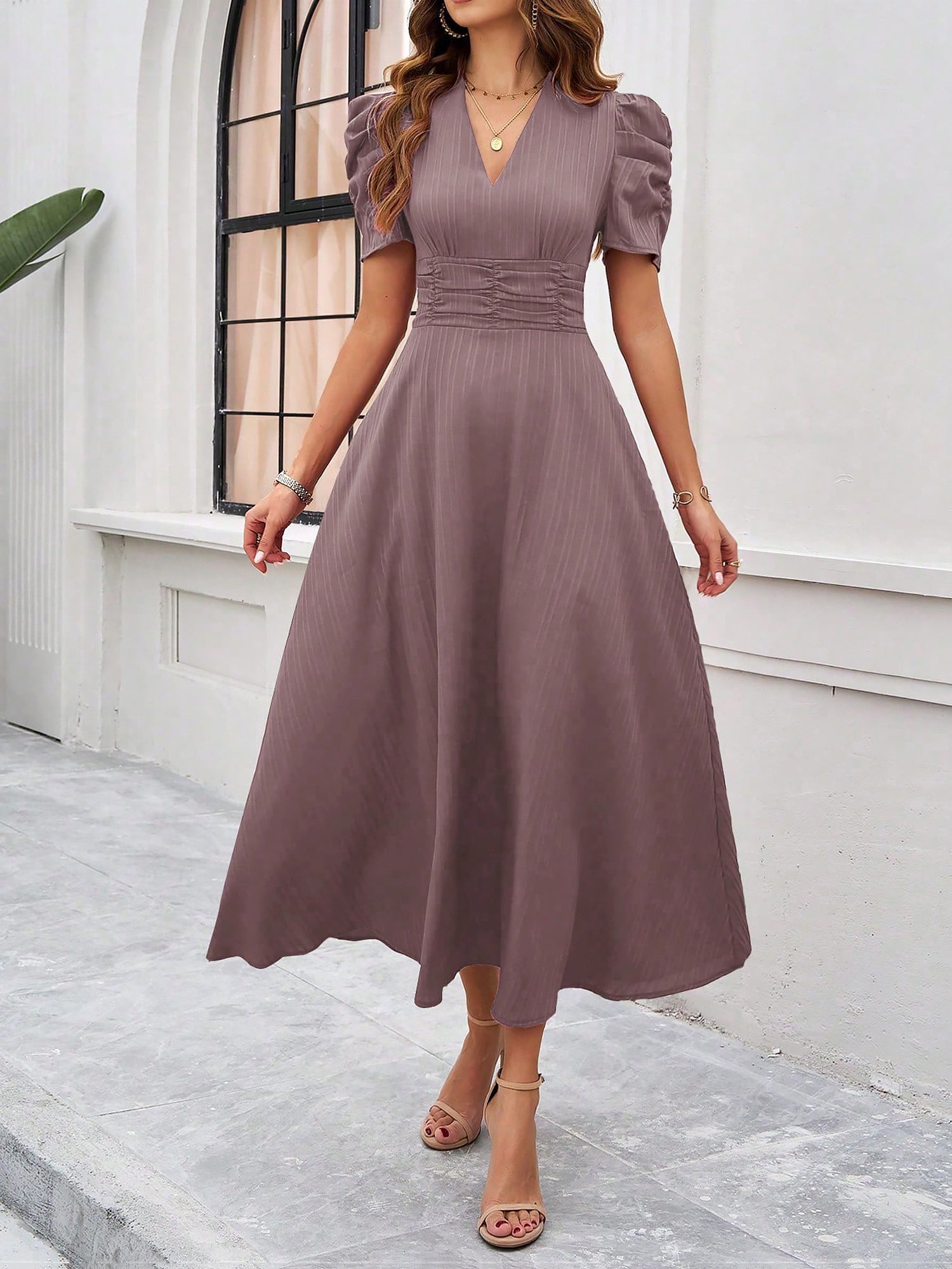 Women's Textured Puff Sleeve Midi Dress - Ruched A-Line Cinched Waist