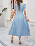 Women's Textured Puff Sleeve Midi Dress - Ruched A-Line Cinched Waist