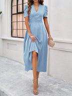 Women's Textured Puff Sleeve Midi Dress - Ruched A-Line Cinched Waist