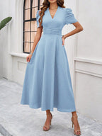 Women's Textured Puff Sleeve Midi Dress - Ruched A-Line Cinched Waist