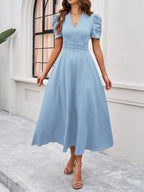 Women's Textured Puff Sleeve Midi Dress - Ruched A-Line Cinched Waist