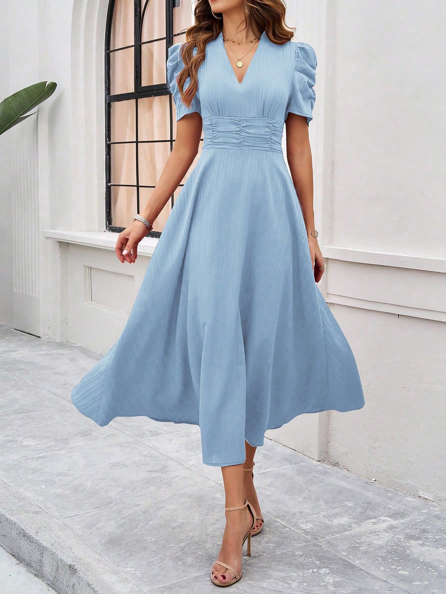 Women's Textured Puff Sleeve Midi Dress - Ruched A-Line Cinched Waist