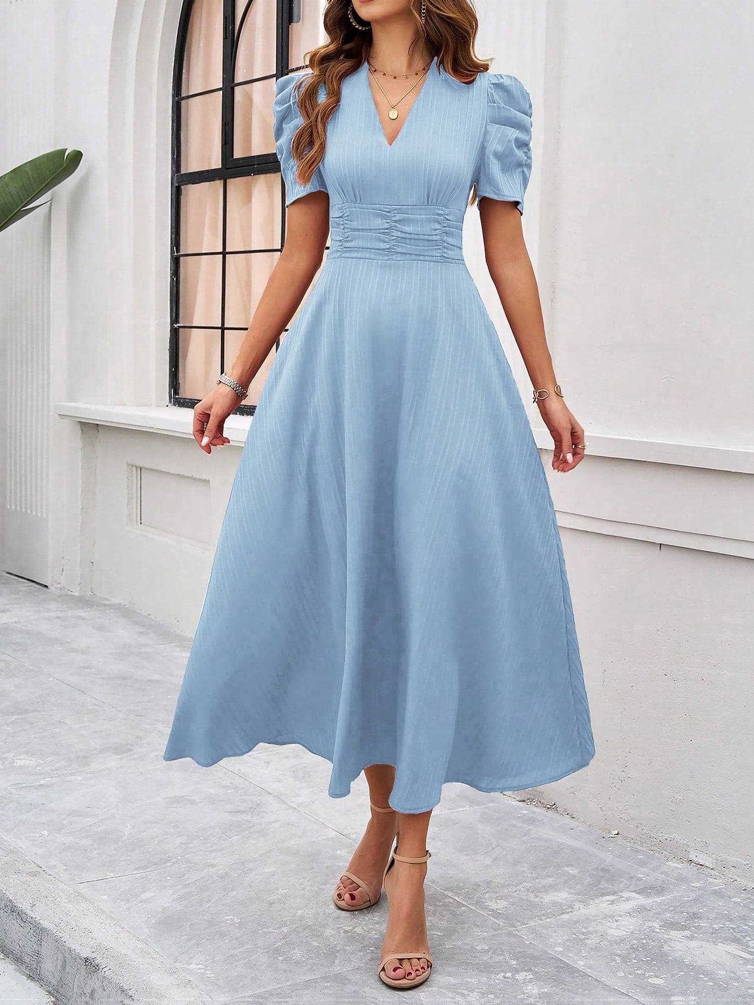 Women's Textured Puff Sleeve Midi Dress - Ruched A-Line Cinched Waist