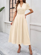 Women's Textured Puff Sleeve Midi Dress - Ruched A-Line Cinched Waist