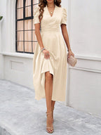 Women's Textured Puff Sleeve Midi Dress - Ruched A-Line Cinched Waist