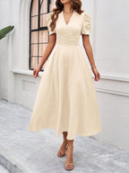 Women's Textured Puff Sleeve Midi Dress - Ruched A-Line Cinched Waist