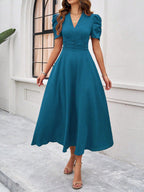 Women's Textured Puff Sleeve Midi Dress - Ruched A-Line Cinched Waist