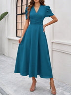 Women's Textured Puff Sleeve Midi Dress - Ruched A-Line Cinched Waist