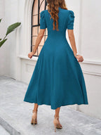 Women's Textured Puff Sleeve Midi Dress - Ruched A-Line Cinched Waist