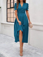 Women's Textured Puff Sleeve Midi Dress - Ruched A-Line Cinched Waist