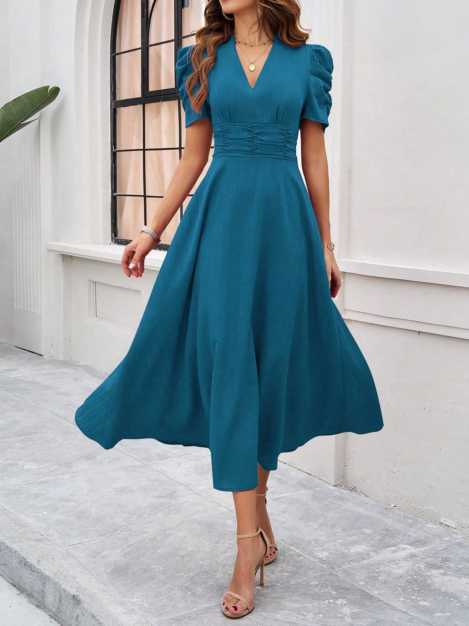 Women's Textured Puff Sleeve Midi Dress - Ruched A-Line Cinched Waist