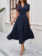 Women's Textured Puff Sleeve Midi Dress - Ruched A-Line Cinched Waist