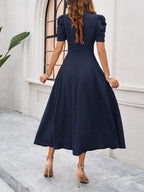 Women's Textured Puff Sleeve Midi Dress - Ruched A-Line Cinched Waist