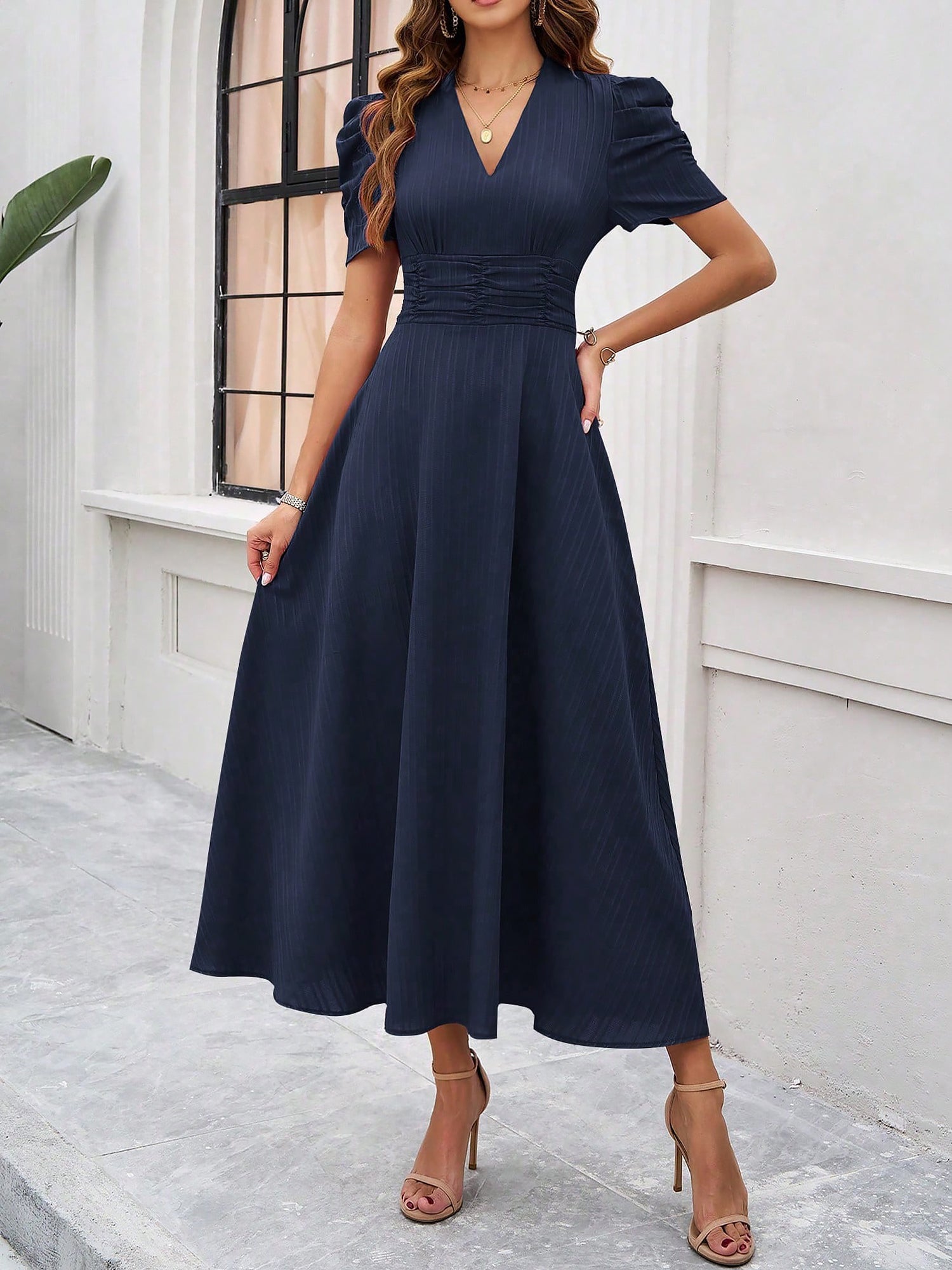 Women's Textured Puff Sleeve Midi Dress - Ruched A-Line Cinched Waist
