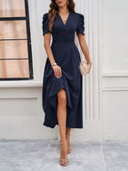 Women's Textured Puff Sleeve Midi Dress - Ruched A-Line Cinched Waist