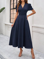 Women's Textured Puff Sleeve Midi Dress - Ruched A-Line Cinched Waist