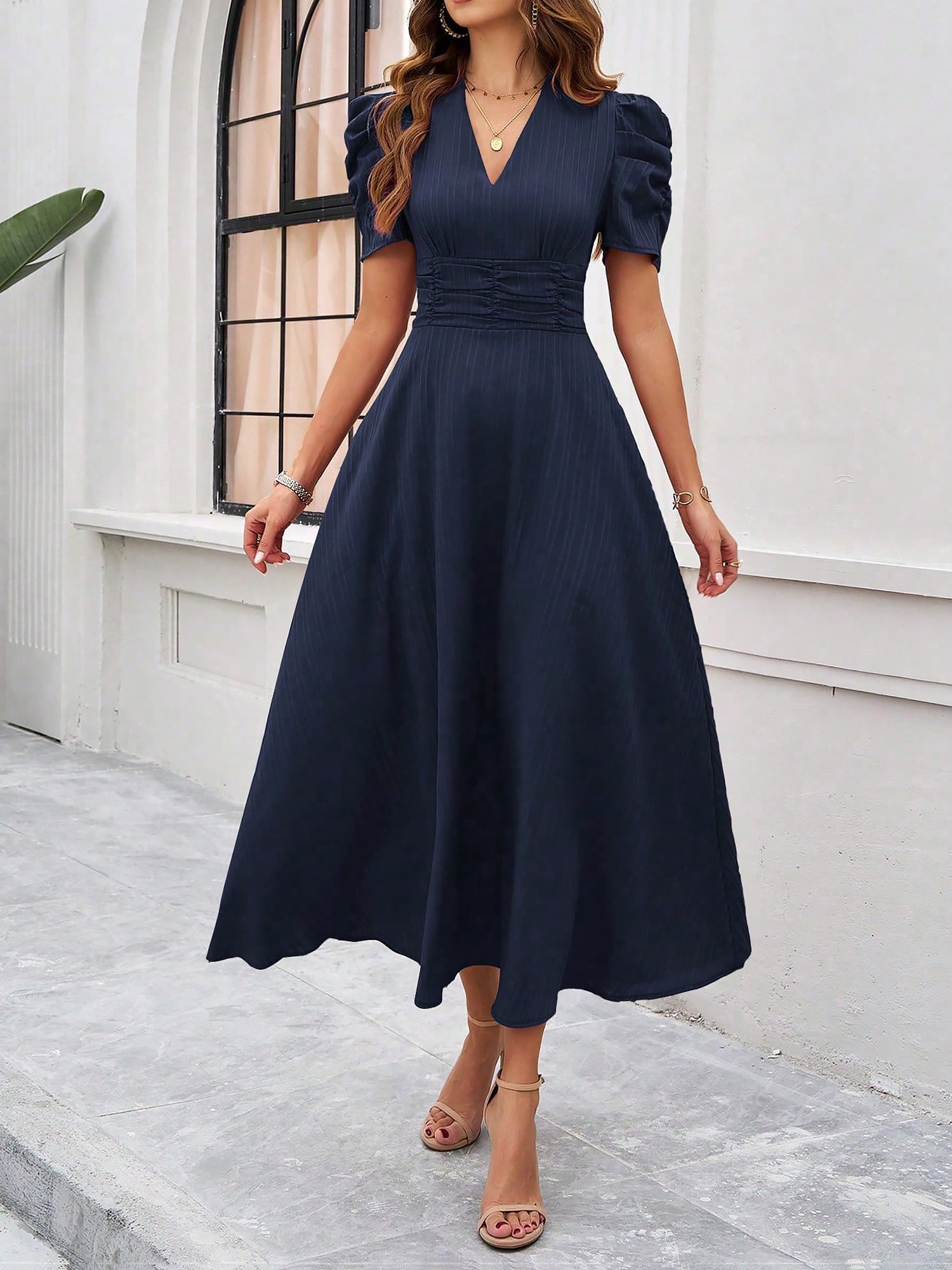Women's Textured Puff Sleeve Midi Dress - Ruched A-Line Cinched Waist