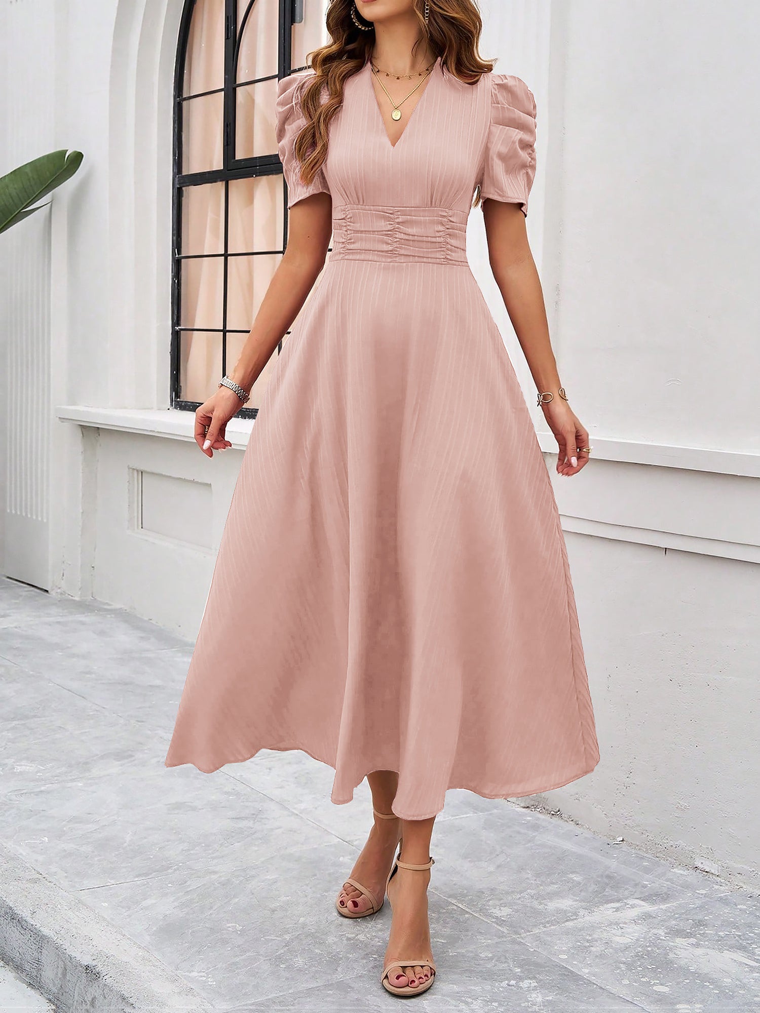 Women's Textured Puff Sleeve Midi Dress - Ruched A-Line Cinched Waist