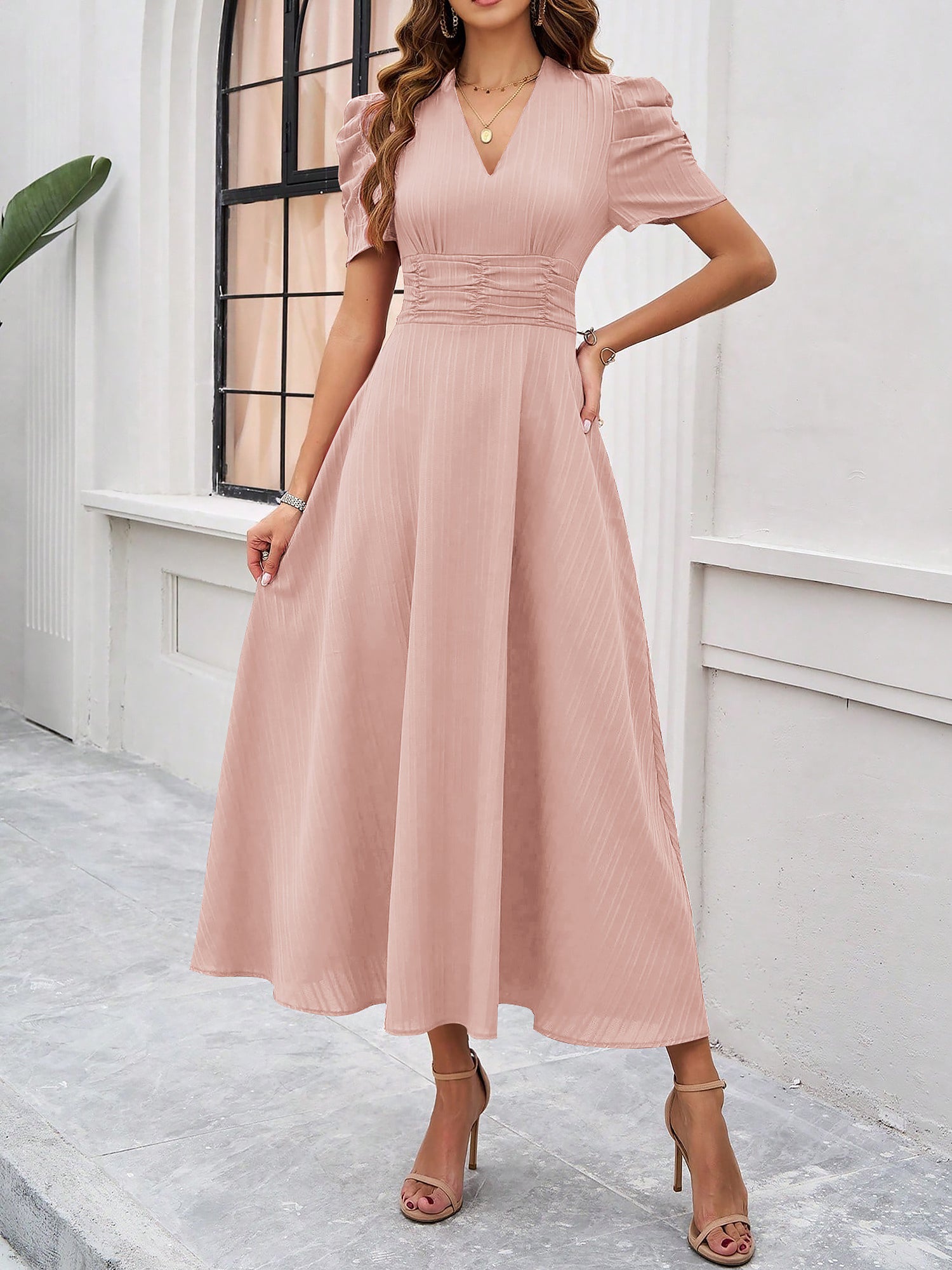 Women's Textured Puff Sleeve Midi Dress - Ruched A-Line Cinched Waist