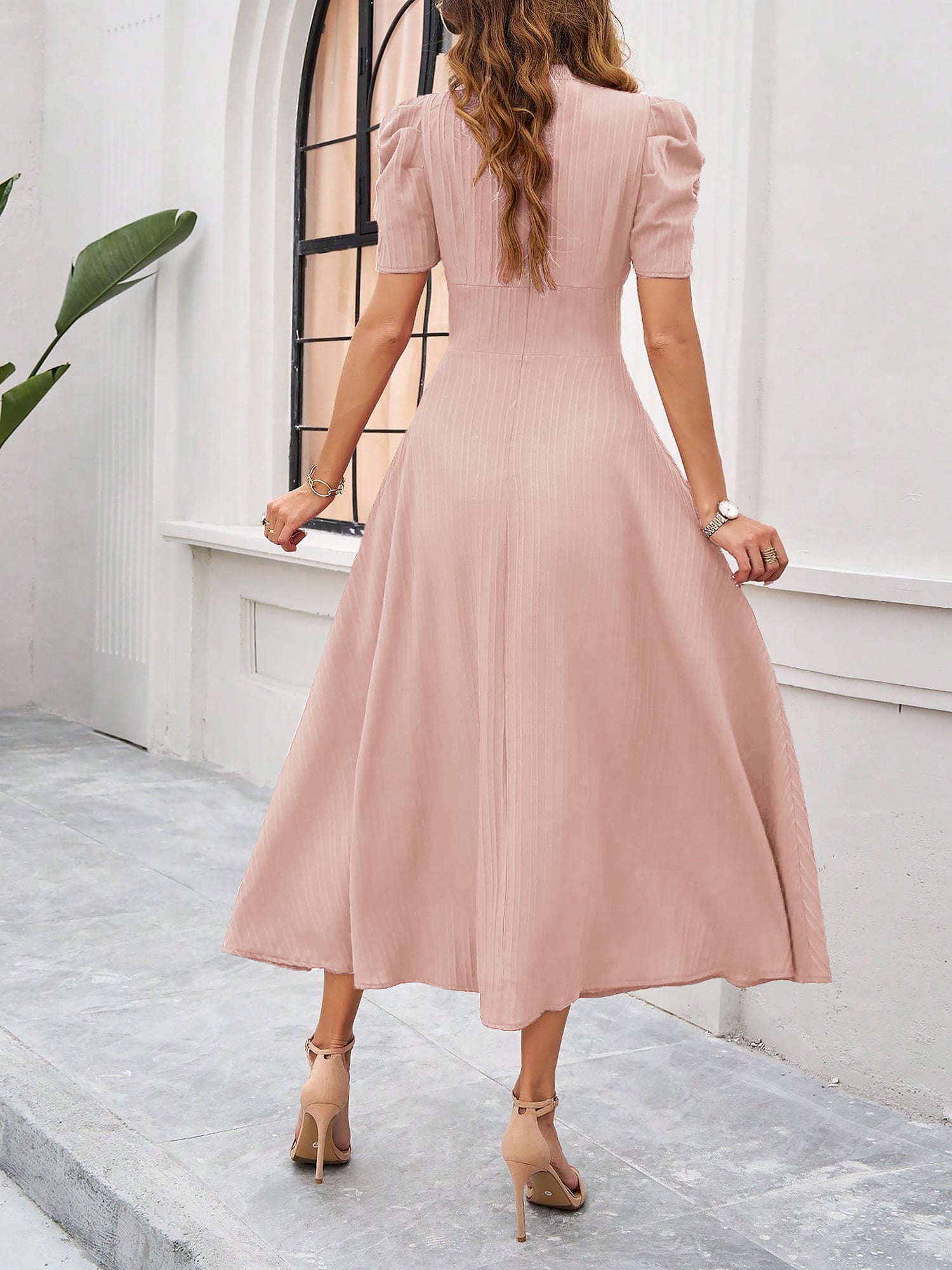 Women's Textured Puff Sleeve Midi Dress - Ruched A-Line Cinched Waist