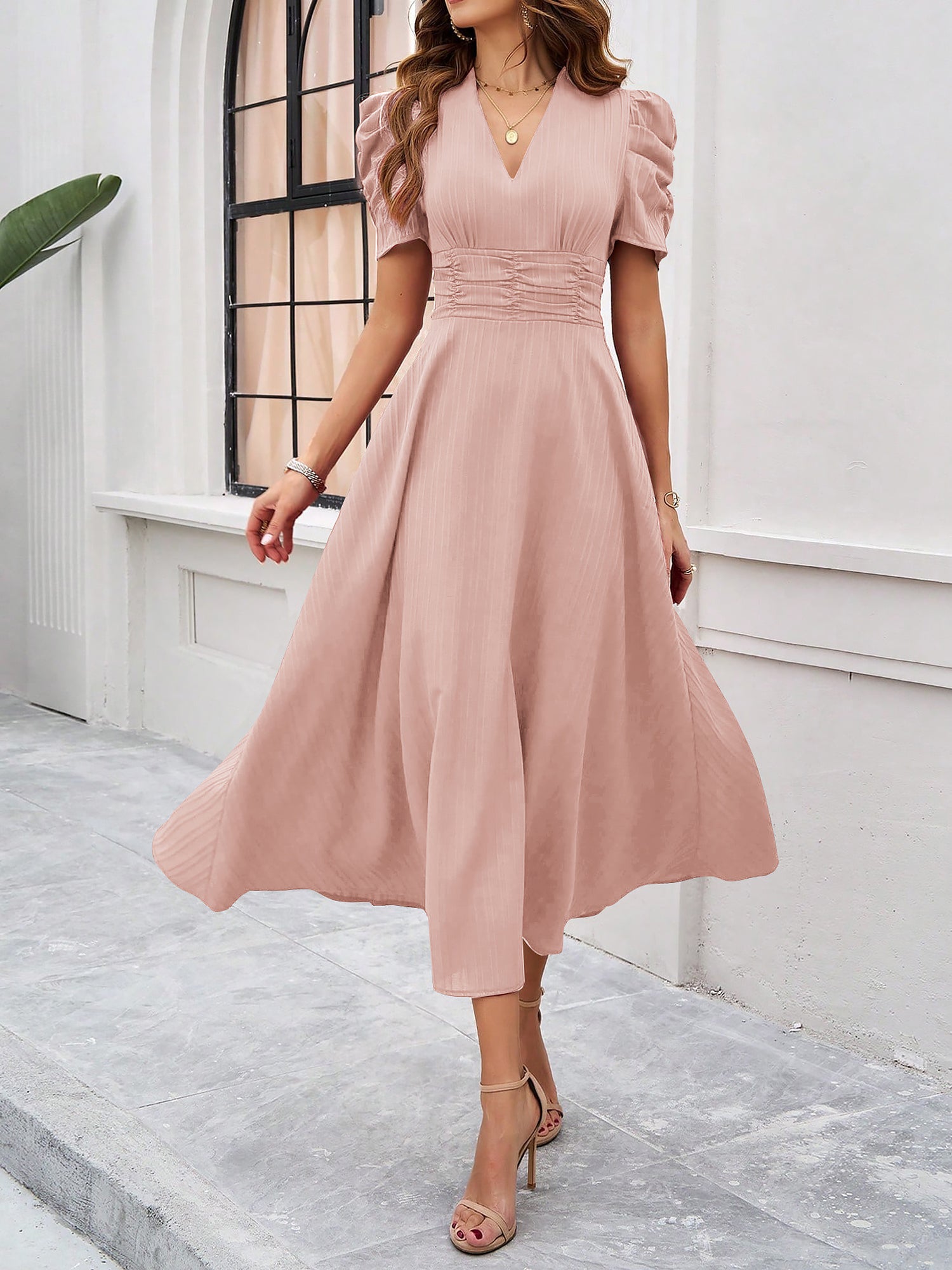 Women's Textured Puff Sleeve Midi Dress - Ruched A-Line Cinched Waist
