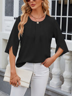 Women's Chiffon Blouse - 3/4 Sleeve Round Neck Flowy Solid