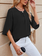 Women's Chiffon Blouse - 3/4 Sleeve Round Neck Flowy Solid