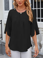 Women's Chiffon Blouse - 3/4 Sleeve Round Neck Flowy Solid