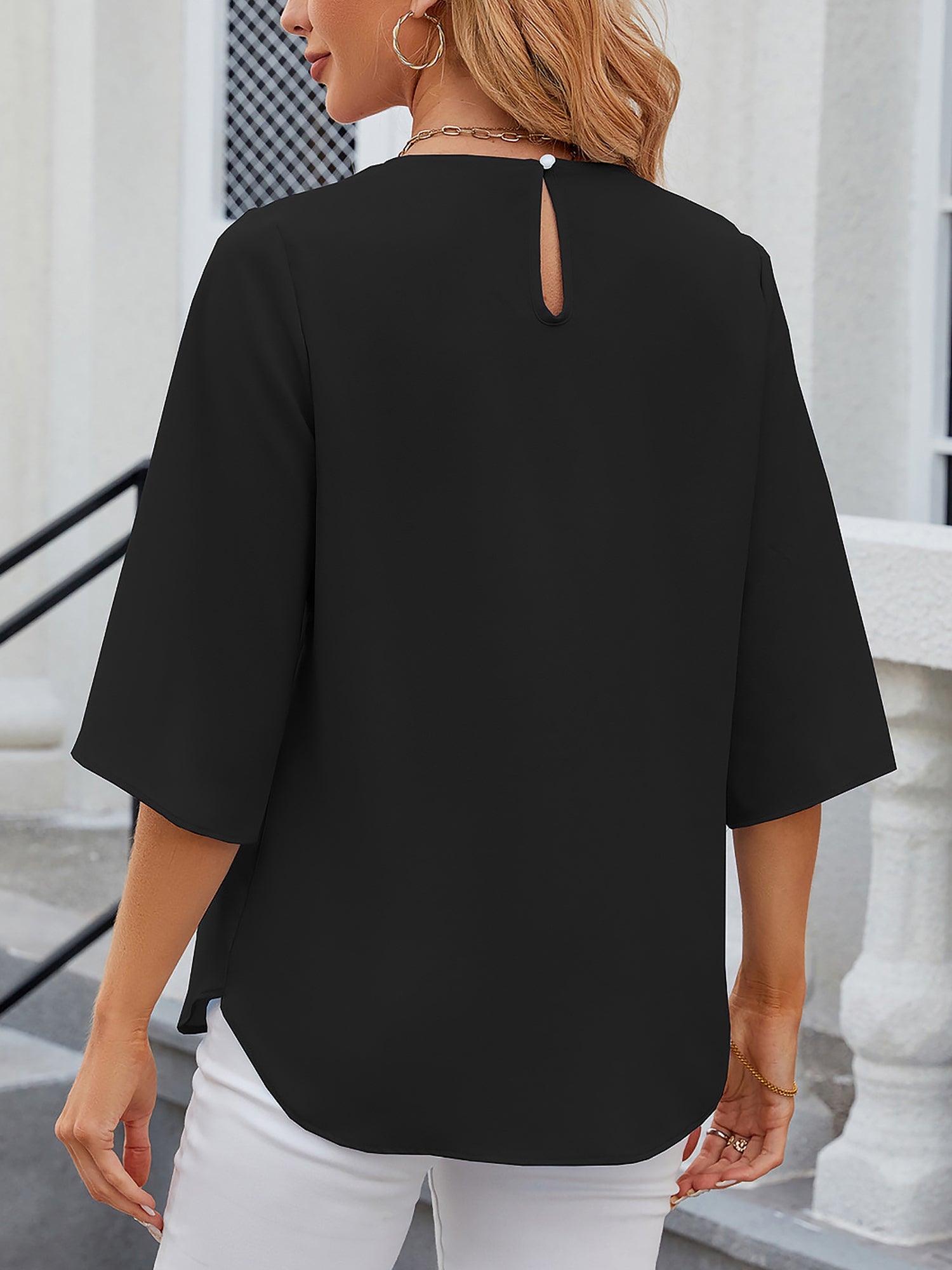 Women's Chiffon Blouse - 3/4 Sleeve Round Neck Flowy Solid