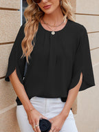 Women's Chiffon Blouse - 3/4 Sleeve Round Neck Flowy Solid