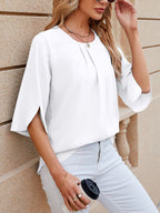 Women's Chiffon Blouse - 3/4 Sleeve Round Neck Flowy Solid