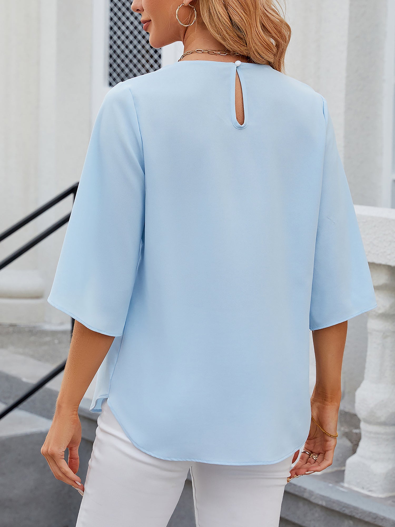 Women's Chiffon Blouse - 3/4 Sleeve Round Neck Flowy Solid