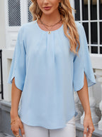 Women's Chiffon Blouse - 3/4 Sleeve Round Neck Flowy Solid